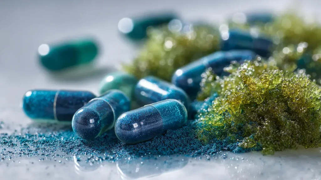 Algues vertes et gélules bleues de phycocyanine, représentant les bienfaits de la phycocyanine comme complément naturel issu des algues