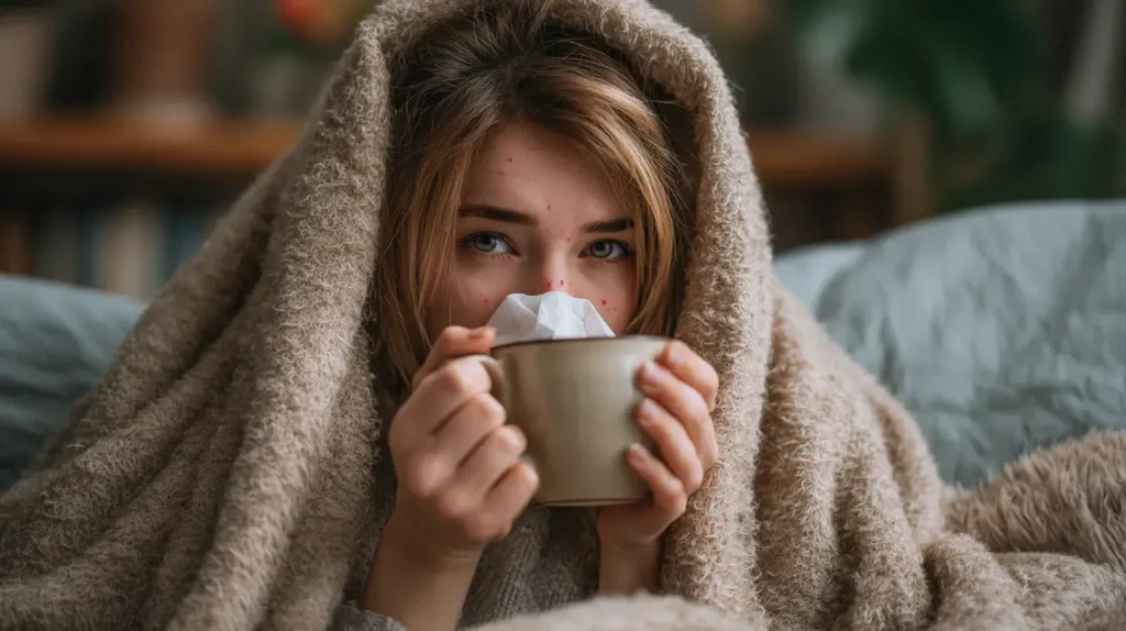 Personne enrhumée au repos, illustrant les bienfaits de la phycocyanine pour soutenir le confort et la vitalité au quotidien