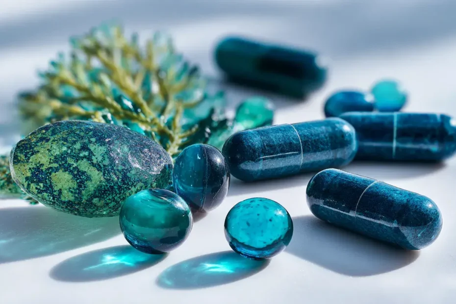 Phycocyanine à coté de gélules pour parler des bienfaits