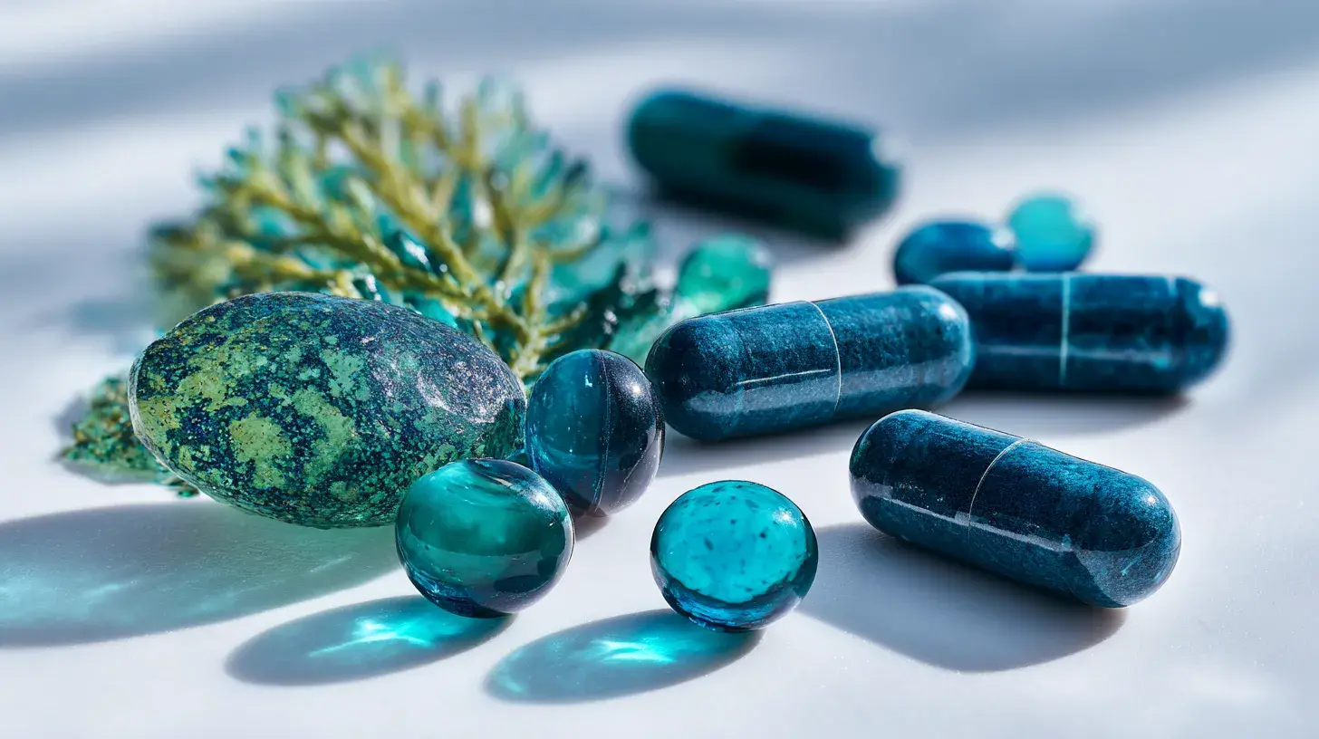 Phycocyanine à coté de gélules pour parler des bienfaits