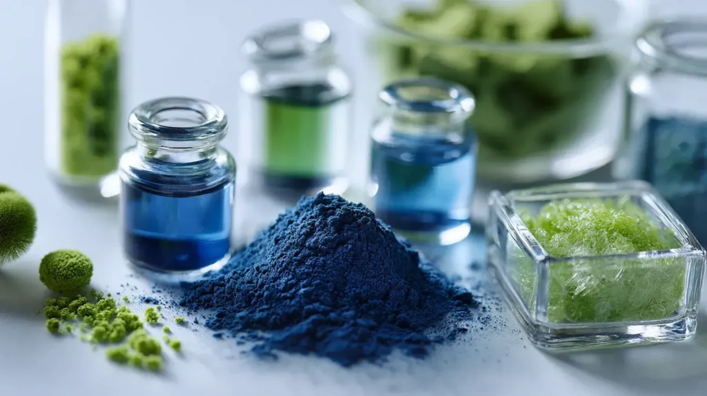 Sources naturelles de phycocyanine issues d’algues, présentées avec des extraits bleus illustrant les bienfaits de la phycocyanine