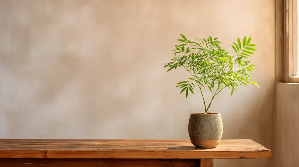Plante de tongkat ali posée seule sur une table en bois, symbole naturel des bienfaits du tongkat ali