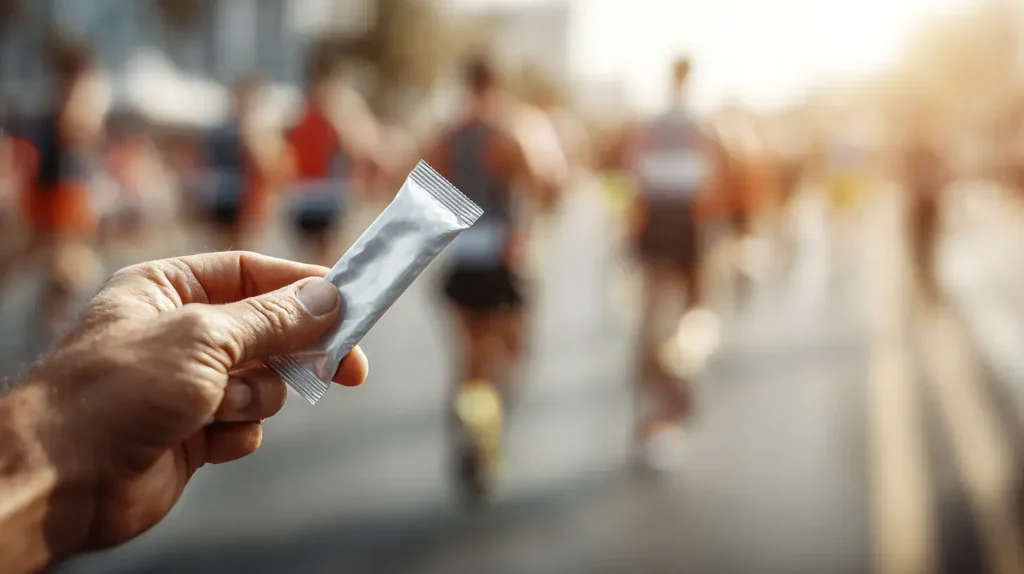 Gel énergétique ouvert dans une main avec coureur en arrière-plan et dangers de la maltodextrine