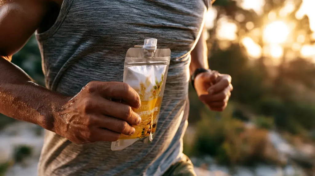 Coureur tenant un complément d’électrolyte en boisson pendant une séance de running en extérieur.