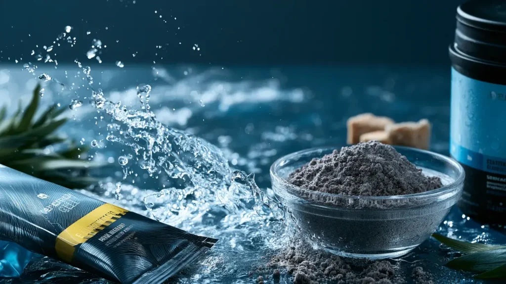 Gel énergétique présenté avec une poudre d’électrolytes à mélanger pour préparer une boisson sportive.
