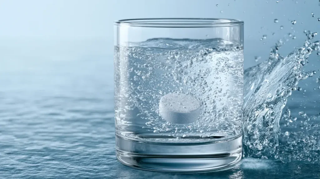 Pastille d’électrolytes effervescente qui se transforme en électrolyte en boisson dans un verre d’eau.