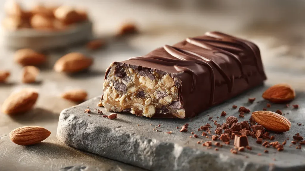 Barre protéinée maison au chocolat avec éclats d’amandes, présentée sur une surface en pierre avec des ingrédients naturels autour