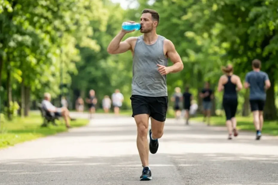 homme qui court et qui prend des electrolytes en boissons sur une route