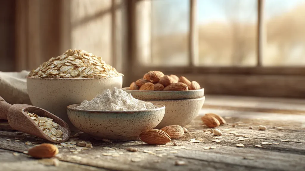 ngrédients pour préparer une barre protéinée maison avec flocons d’avoine, whey protéine et amandes dans des bols rustiques