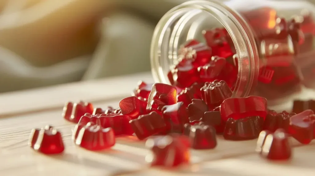 Assortiment de gummies colorés sur une surface en bois clair avec lumière naturelle