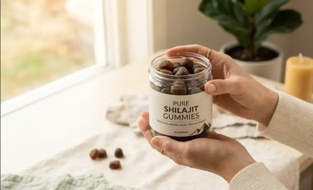 Boite de shilajit en gummies dans une mains