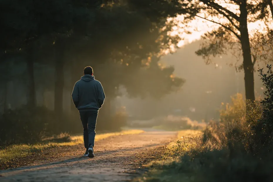 un homme marche en foret