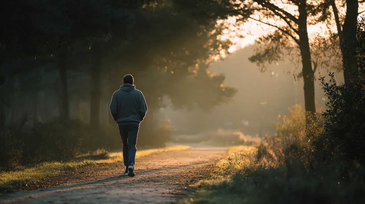 un homme marche en foret