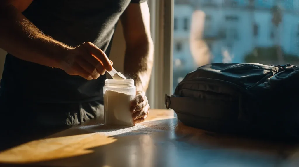 un homme met de la glutamine dans son shaker