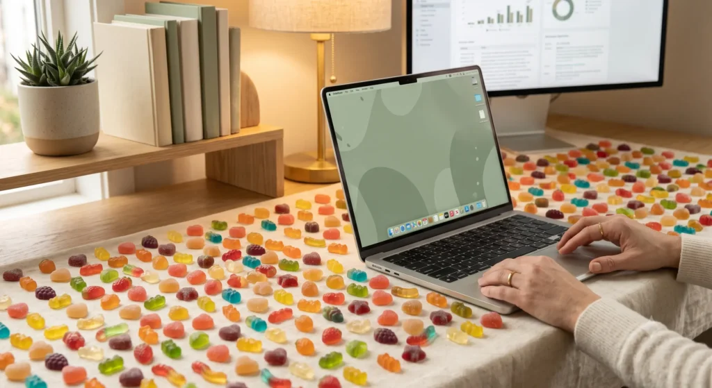 Gummies de créatine disposés sur un bureau de travail à côté d'un ordinateur