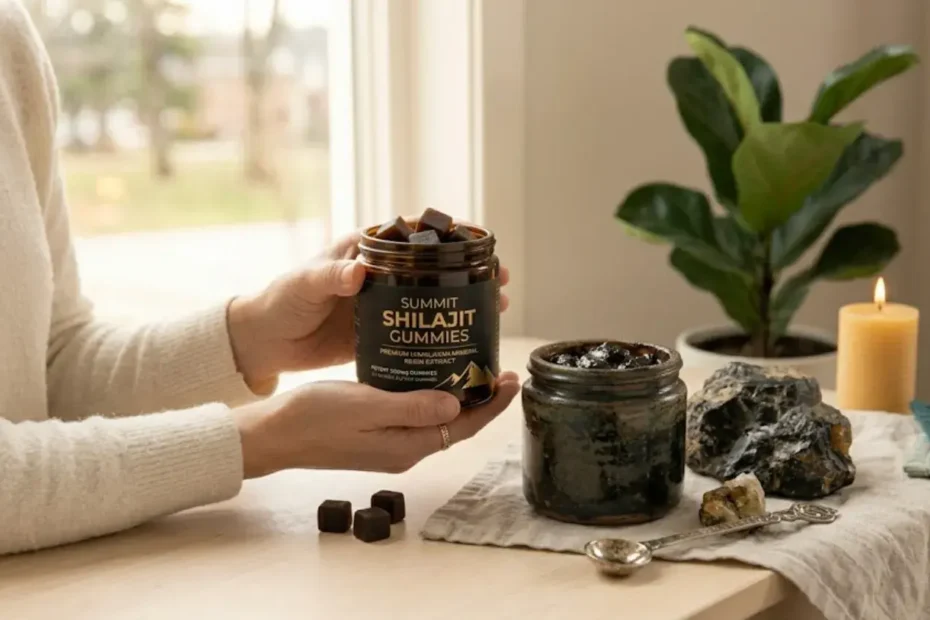Gummies de shilajit et résine pure de shilajit sur une table en bois