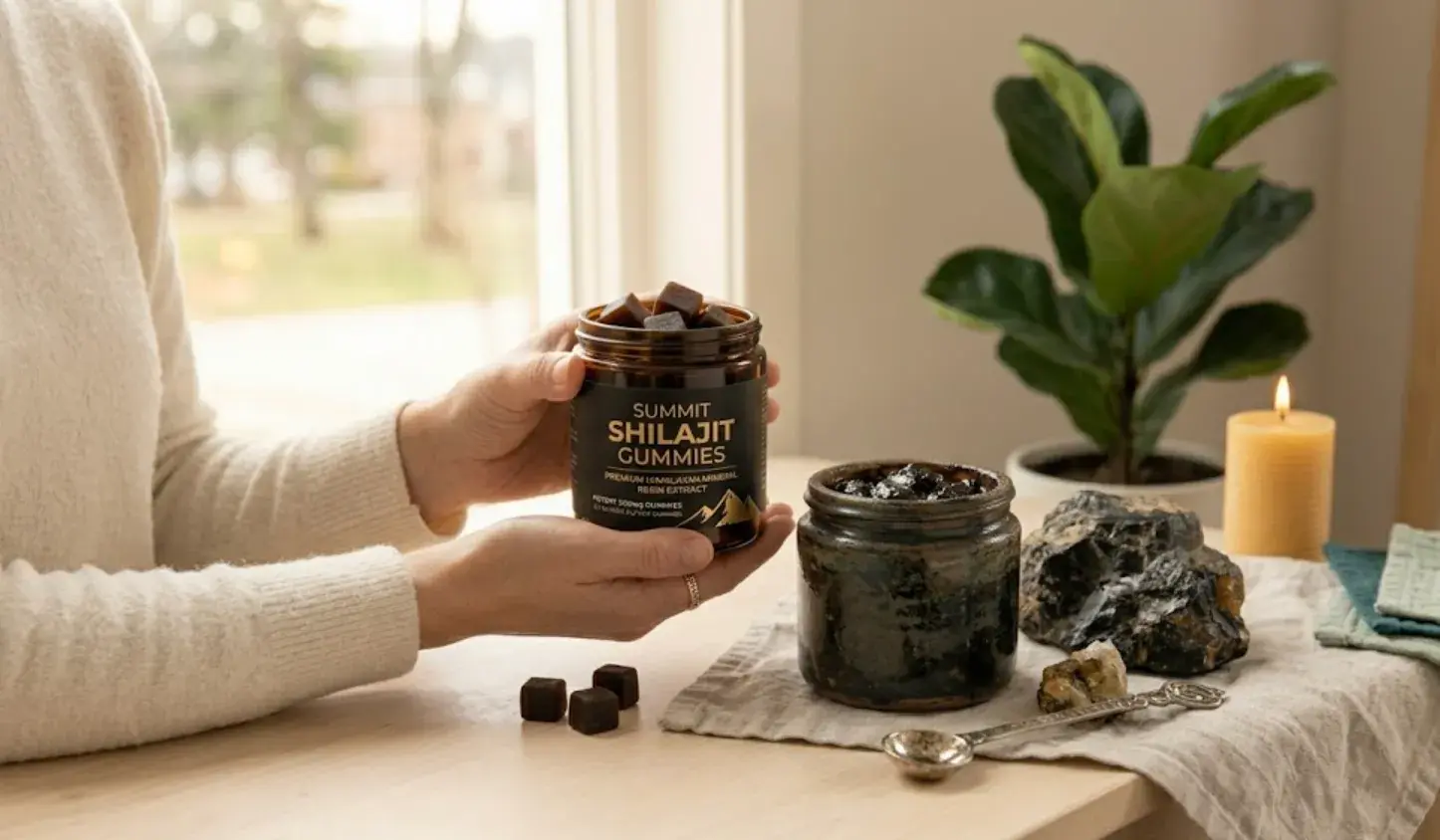 Gummies de shilajit et résine pure de shilajit sur une table en bois