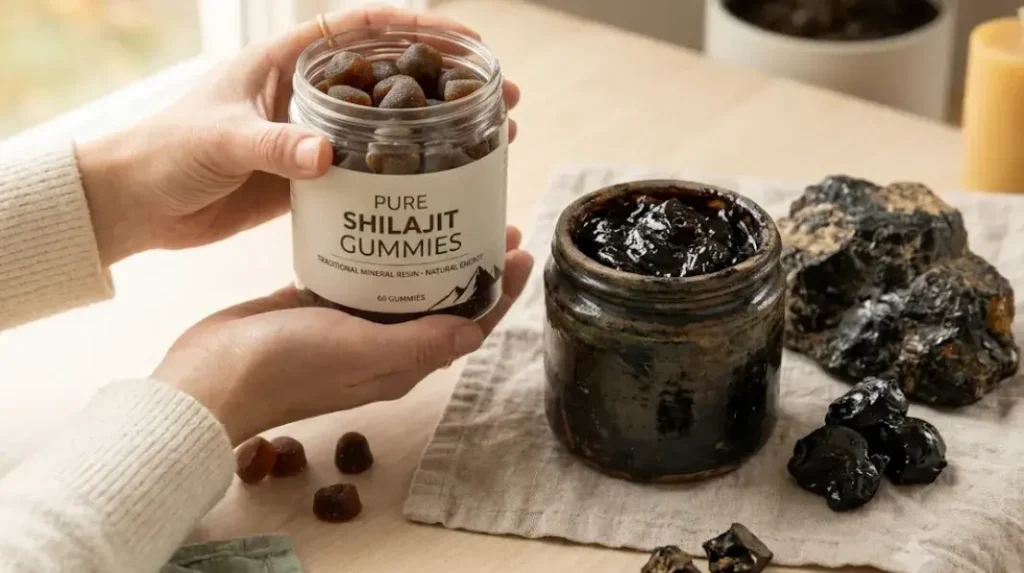 Shilajit en gummies à coté de résine naturelle provenant de la montagne