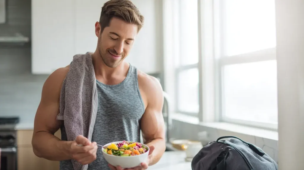 un homme mange sainement pour le sport 