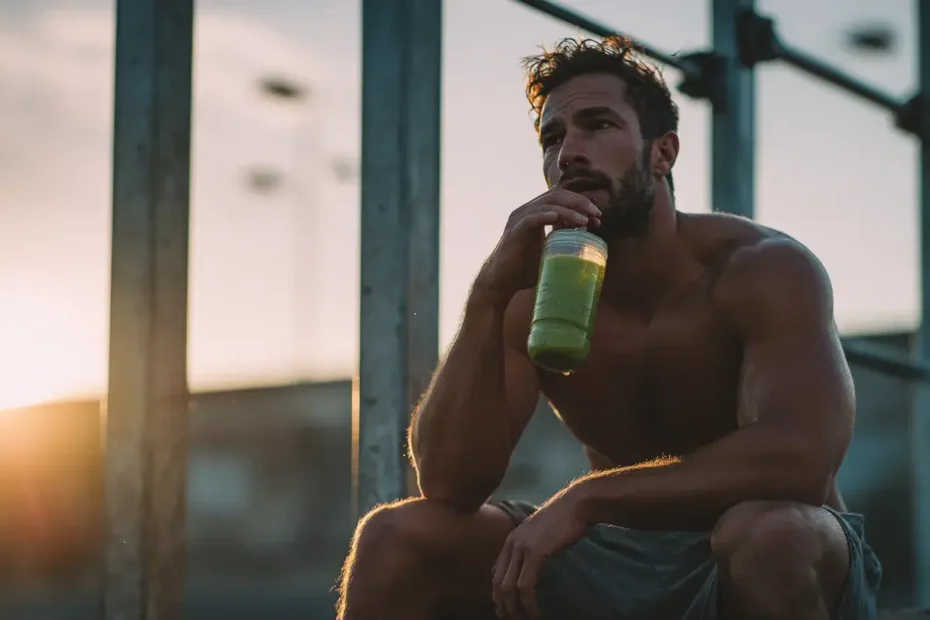 un homme boit un smoothie avec de l'amla